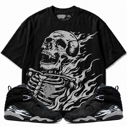 Rebranded Studios Club Air Jordan 8 Chrome Graphic T-Shirt - front view with Air Jordan 8 Chrome sneakers