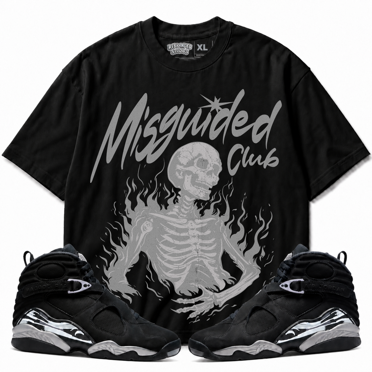 Rebranded Studios Club Air Jordan 8 Chrome Graphic T-Shirt - front view with Air Jordan 8 Chrome sneakers