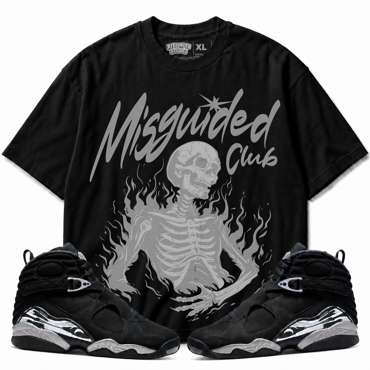 Rebranded Studios Club Air Jordan 8 Chrome Graphic T-Shirt - front view with Air Jordan 8 Chrome sneakers