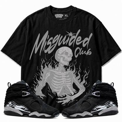 Rebranded Studios Club Air Jordan 8 Chrome Graphic T-Shirt - front view with Air Jordan 8 Chrome sneakers