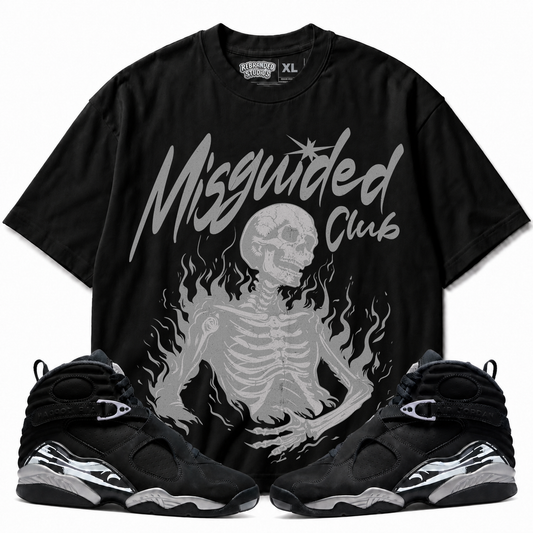 Rebranded Studios Club Air Jordan 8 Chrome Graphic T-Shirt - front view with Air Jordan 8 Chrome sneakers