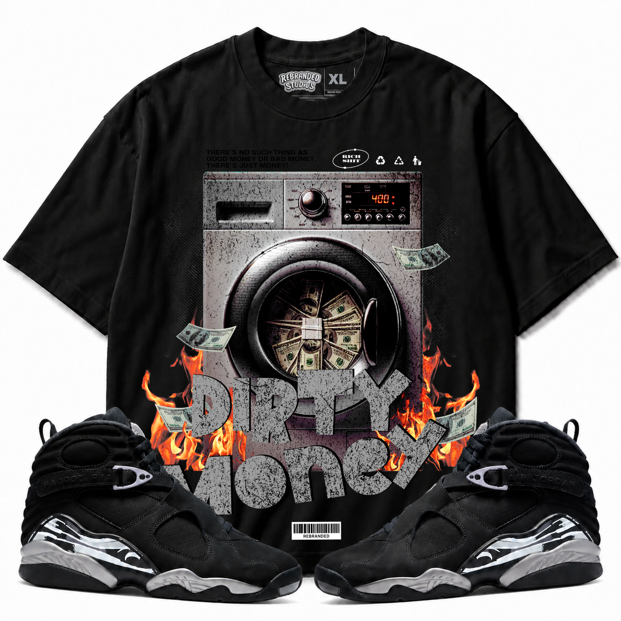 Rebranded Studios Dirty Money Air Jordan 8 Chrome Graphic T-Shirt with matching sneakers
