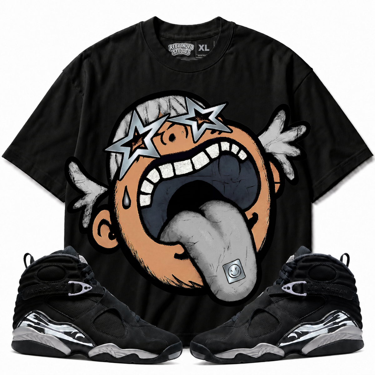 Rebranded Studios Follow Your Dreams Air Jordan 8 Chrome 425GSM Oversized Graphic T-Shirt - front view with Air Jordan 8 Chrome sneakers