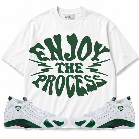 Rebranded Studios Enjoy The Process Air Jordan 14 Forest Green Graphic T-Shirt with matching sneakers