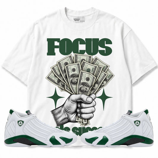 Rebranded Studios Focus Fuels Success Air Jordan 14 Forest Green Graphic T-Shirt with matching sneakers