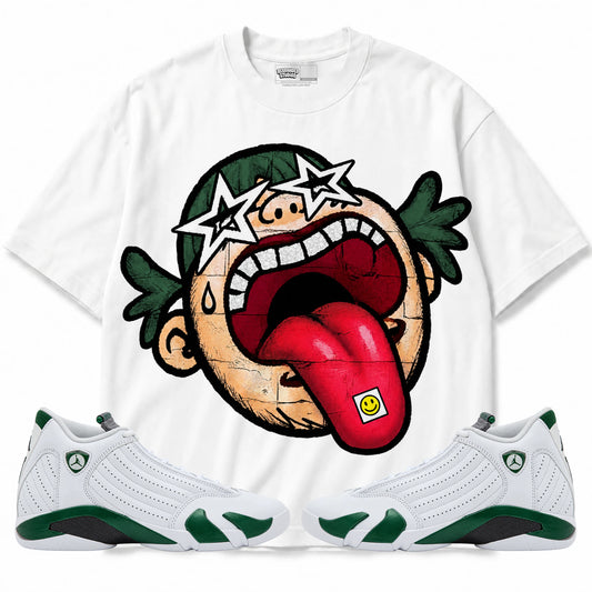 Rebranded Studios Free World Air Jordan 14 Forest Green Graphic T-Shirt with matching sneakers