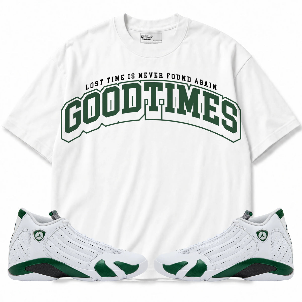 Rebranded Studios Good Times Air Jordan 14 Forest Green Graphic T-Shirt with matching sneakers