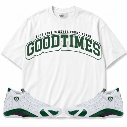 Rebranded Studios Good Times Air Jordan 14 Forest Green Graphic T-Shirt with matching sneakers