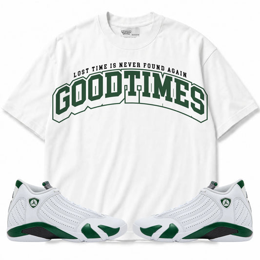 Rebranded Studios Good Times Air Jordan 14 Forest Green Graphic T-Shirt with matching sneakers