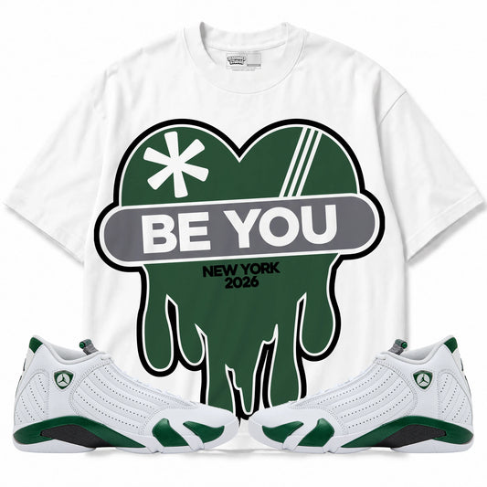Rebranded Studios Be You Air Jordan 14 Forest Green Graphic T-Shirt — front with matching Forest Green 14 sneakers