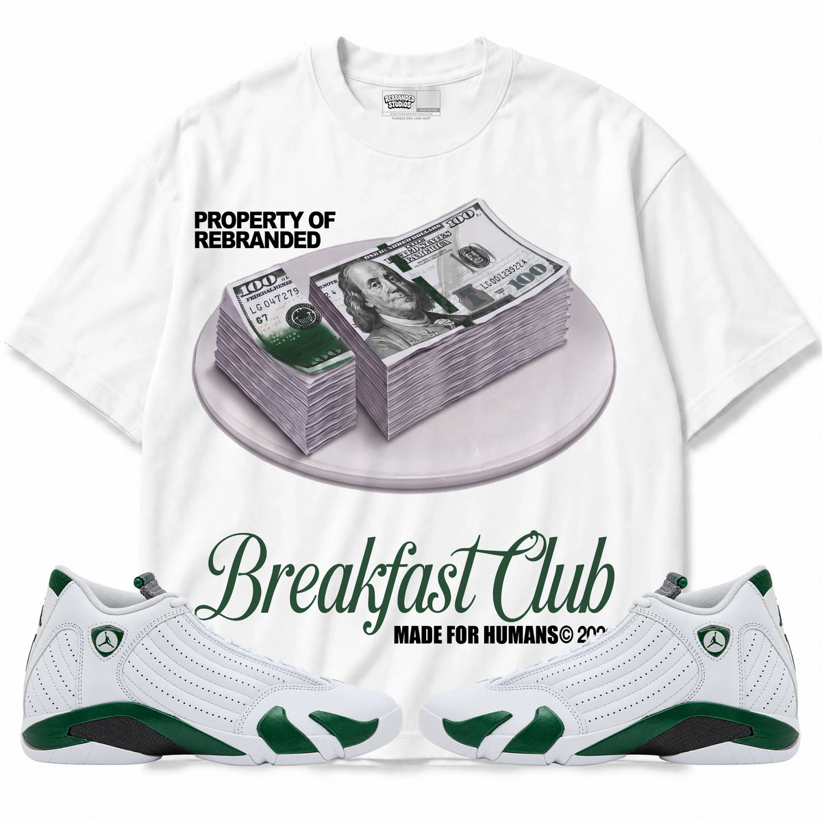 Rebranded Studios Breakfast Club Air Jordan 14 Forest Green Graphic T-Shirt — front with matching Forest Green 14 sneakers