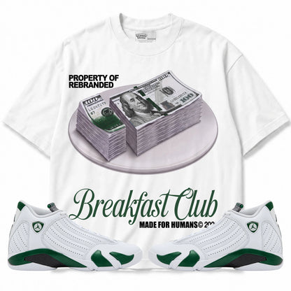Rebranded Studios Breakfast Club Air Jordan 14 Forest Green Graphic T-Shirt — front with matching Forest Green 14 sneakers