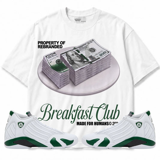 Rebranded Studios Breakfast Club Air Jordan 14 Forest Green Graphic T-Shirt — front with matching Forest Green 14 sneakers