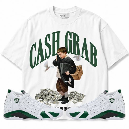 Rebranded Studios Cash Grab Air Jordan 14 Forest Green Graphic T-Shirt — front with matching Forest Green 14 sneakers