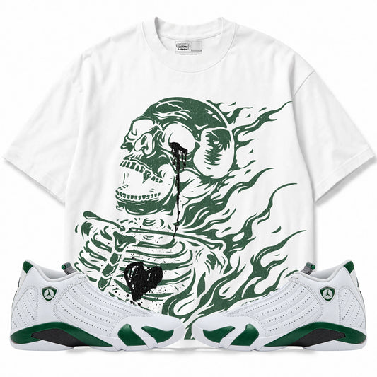Rebranded Studios Club Air Jordan 14 Forest Green Graphic T-Shirt — front with matching Forest Green 14 sneakers
