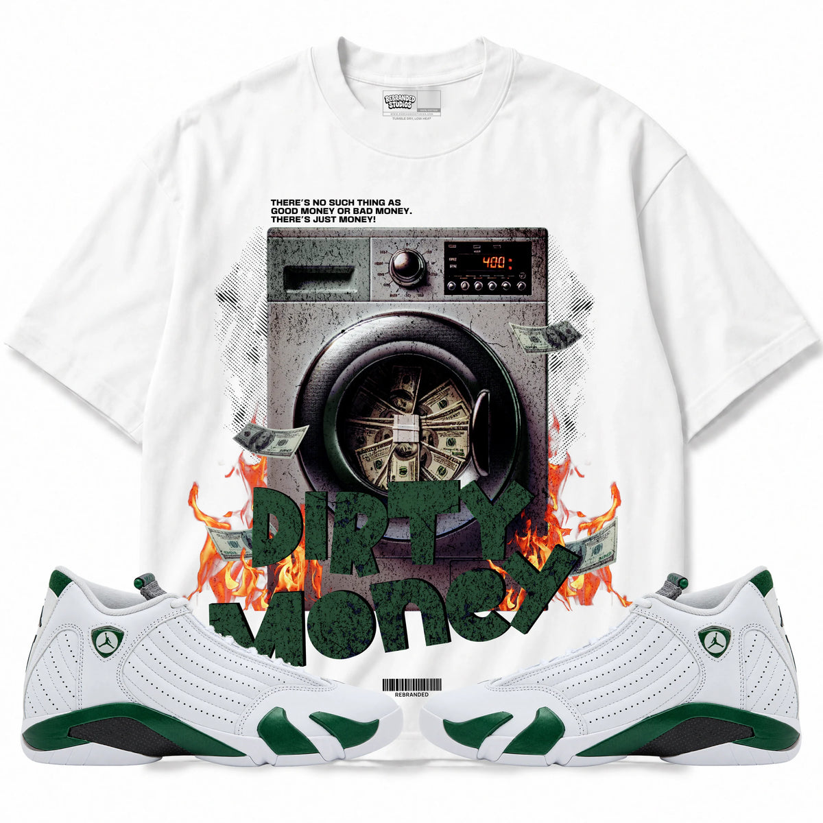 Rebranded Studios Dirty Money Air Jordan 14 Forest Green Graphic T-Shirt — front with matching Forest Green 14 sneakers