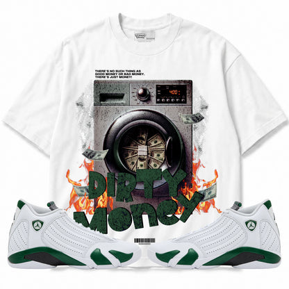 Rebranded Studios Dirty Money Air Jordan 14 Forest Green Graphic T-Shirt — front with matching Forest Green 14 sneakers