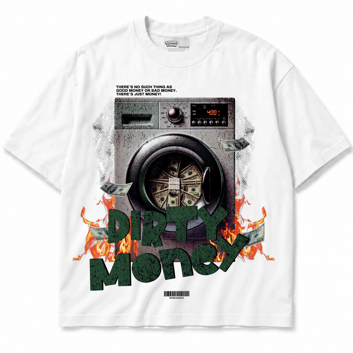 Rebranded Studios Dirty Money Air Jordan 14 Forest Green Graphic T-Shirt — shirt front