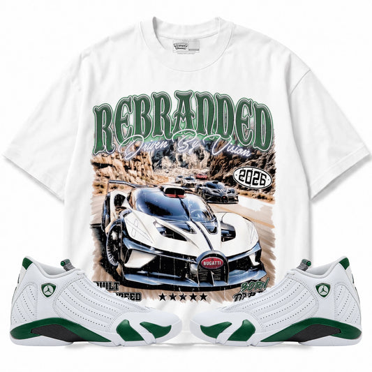 Rebranded Studios Driven By Vision Air Jordan 14 Forest Green Graphic T-Shirt — front with matching Forest Green 14 sneakers
