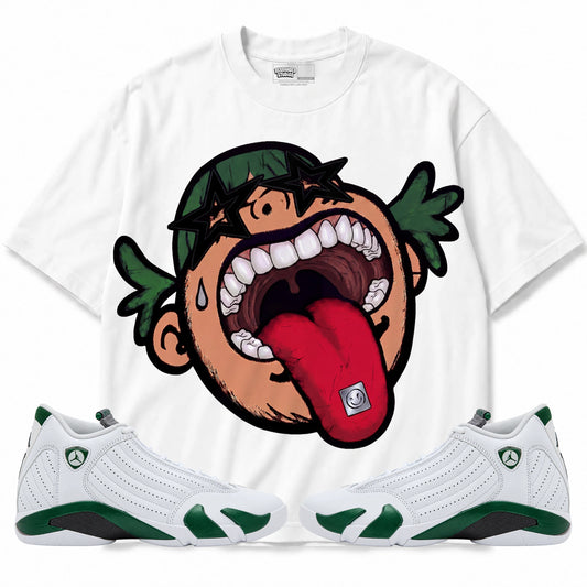 Rebranded Studios Follow Your Dreams 2.0 Air Jordan 14 Forest Green 425GSM Oversized Graphic T-Shirt — front with matching Forest Green 14 sneakers