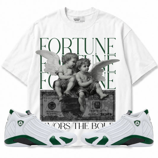 Rebranded Studios Fortune Favors The Bold Air Jordan 14 Forest Green Graphic T-Shirt — front with matching Forest Green 14 sneakers