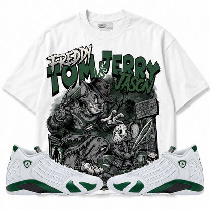 Rebranded Studios Freddy Tom Vs Jerry Jason Air Jordan 14 Forest Green Graphic T-Shirt — front with matching Forest Green 14 sneakers
