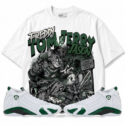 Rebranded Studios Freddy Tom Vs Jerry Jason Air Jordan 14 Forest Green Graphic T-Shirt — front with matching Forest Green 14 sneakers