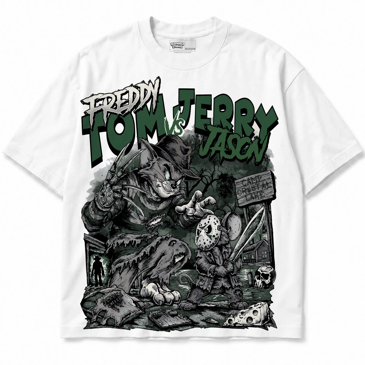 Rebranded Studios Freddy Tom Vs Jerry Jason Air Jordan 14 Forest Green Graphic T-Shirt — shirt front