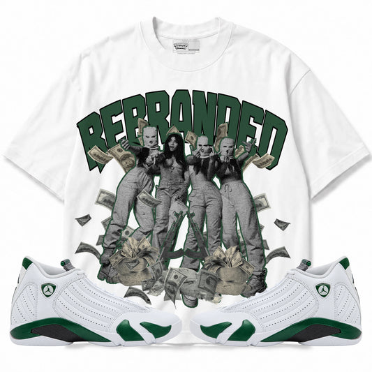 Rebranded Studios Girls Air Jordan 14 Forest Green Graphic T-Shirt — front with matching Forest Green 14 sneakers