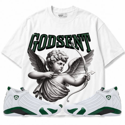 Rebranded Studios God Sent Air Jordan 14 Forest Green Graphic T-Shirt — front with matching Forest Green 14 sneakers