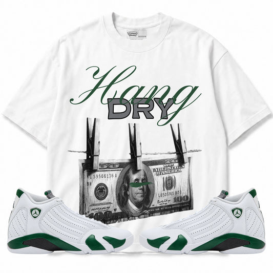 Rebranded Studios Hang Dry Air Jordan 14 Forest Green Graphic T-Shirt — front with matching Forest Green 14 sneakers