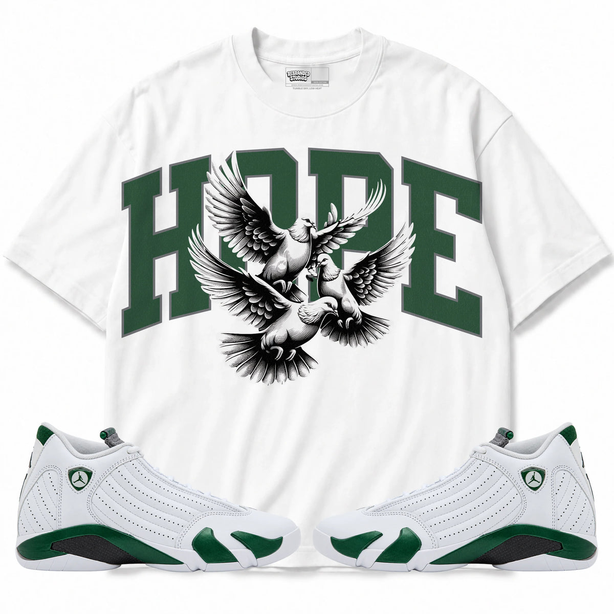 Rebranded Studios Hope Air Jordan 14 Forest Green Graphic T-Shirt — front with matching Forest Green 14 sneakers