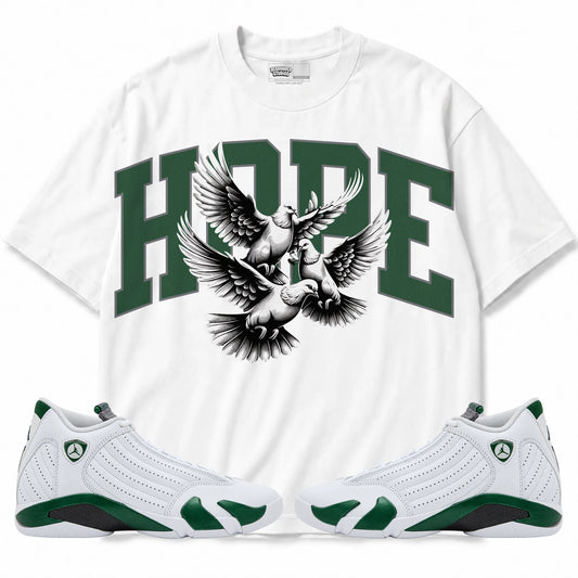 Rebranded Studios Hope Air Jordan 14 Forest Green Graphic T-Shirt — front with matching Forest Green 14 sneakers