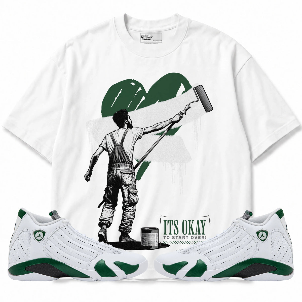 Rebranded Studios It's Okay To Start Over Air Jordan 14 Forest Green Graphic T-Shirt — front with matching Forest Green 14 sneakers