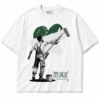 Rebranded Studios It's Okay To Start Over Air Jordan 14 Forest Green Graphic T-Shirt — shirt front