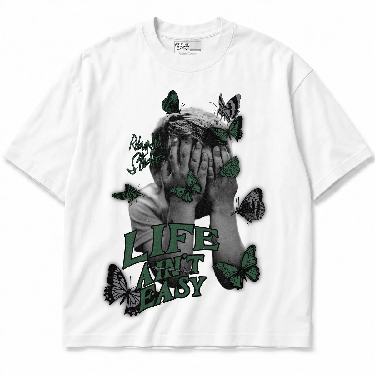 Rebranded Studios Life Ain't Easy Air Jordan 14 Forest Green Graphic T-Shirt — shirt front