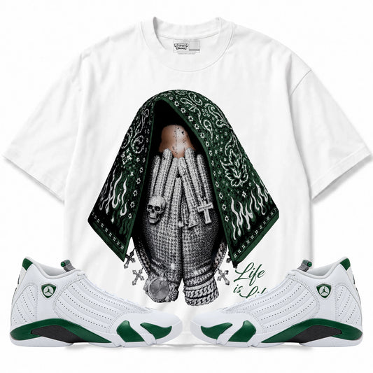 Rebranded Studios Life Is Life Air Jordan 14 Forest Green Graphic T-Shirt — front with matching Forest Green 14 sneakers