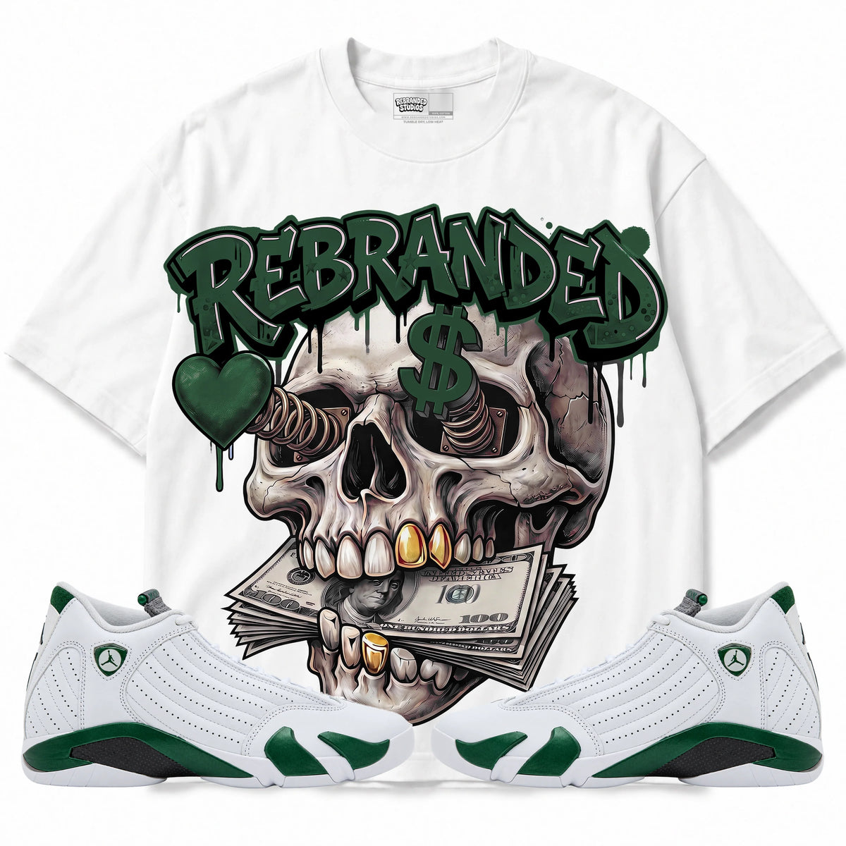 Rebranded Studios Money Lover Air Jordan 14 Forest Green Graphic T-Shirt — front with matching Forest Green 14 sneakers