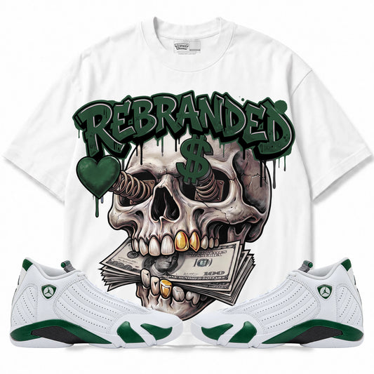 Rebranded Studios Money Lover Air Jordan 14 Forest Green Graphic T-Shirt — front with matching Forest Green 14 sneakers