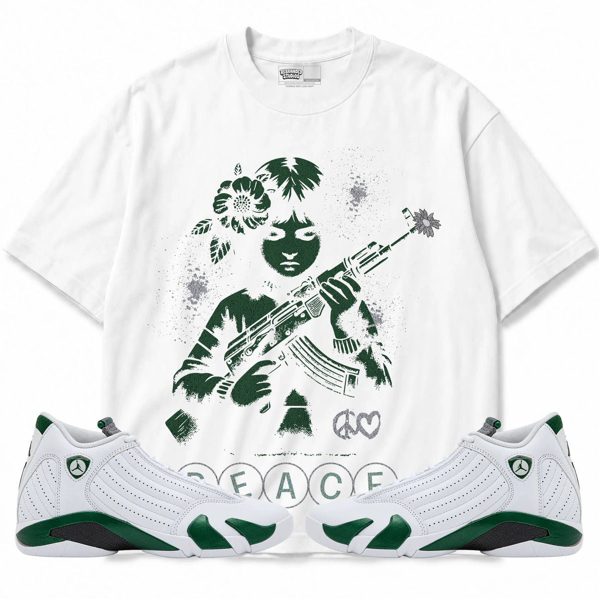 Rebranded Studios Peace Air Jordan 14 Forest Green Graphic T-Shirt — front with matching Forest Green 14 sneakers