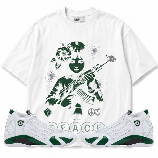 Rebranded Studios Peace Air Jordan 14 Forest Green Graphic T-Shirt — front with matching Forest Green 14 sneakers