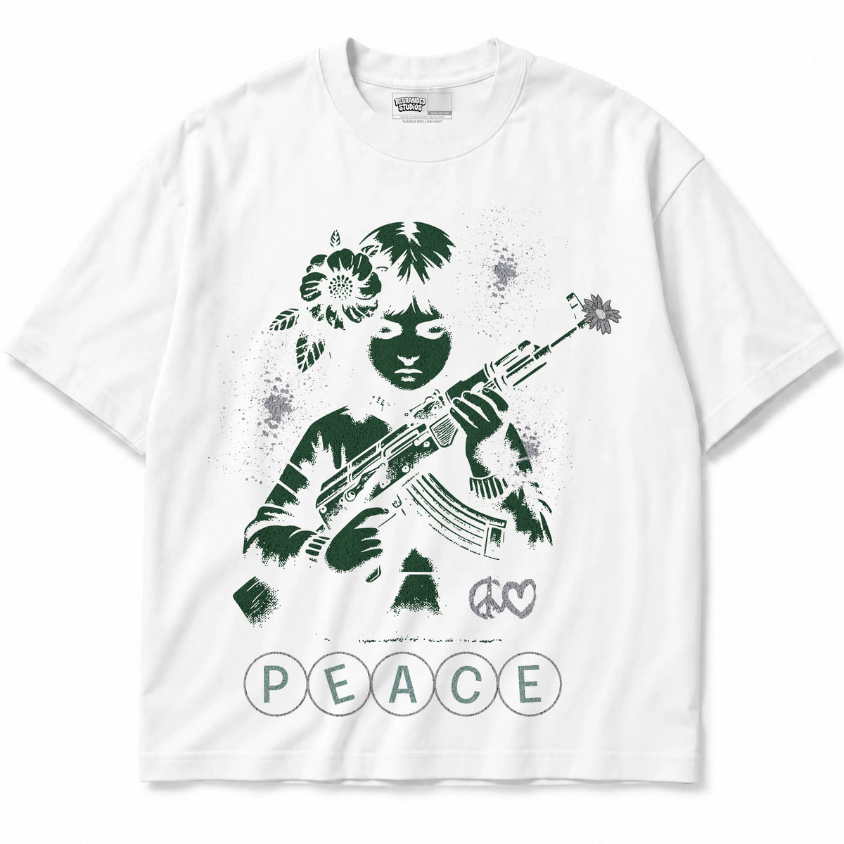 Rebranded Studios Peace Air Jordan 14 Forest Green Graphic T-Shirt — shirt front