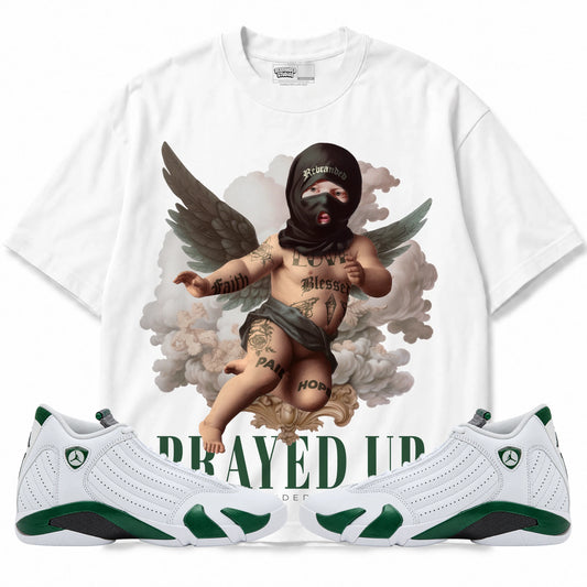 Rebranded Studios Prayed Up Air Jordan 14 Forest Green Graphic T-Shirt — front with matching Forest Green 14 sneakers