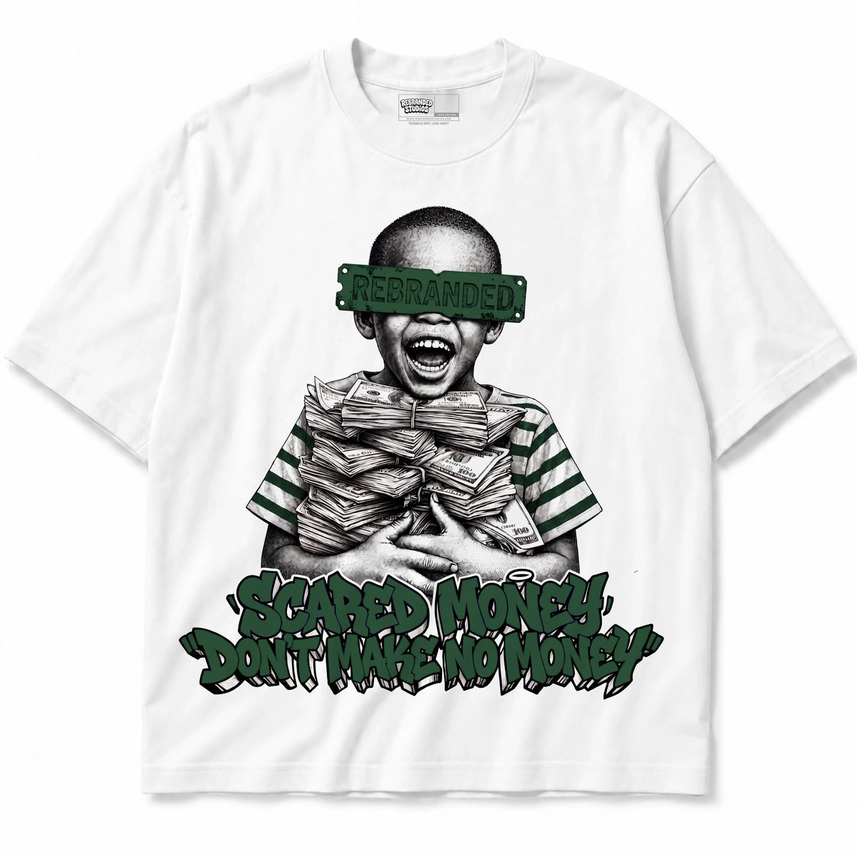 Rebranded Studios Scared Money Don't Make No Money Air Jordan 14 Forest Green Graphic T-Shirt — shirt front
