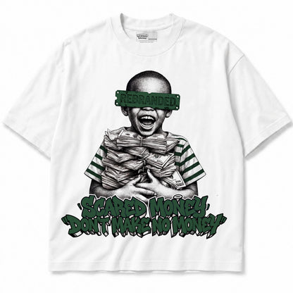 Rebranded Studios Scared Money Don't Make No Money Air Jordan 14 Forest Green Graphic T-Shirt — shirt front
