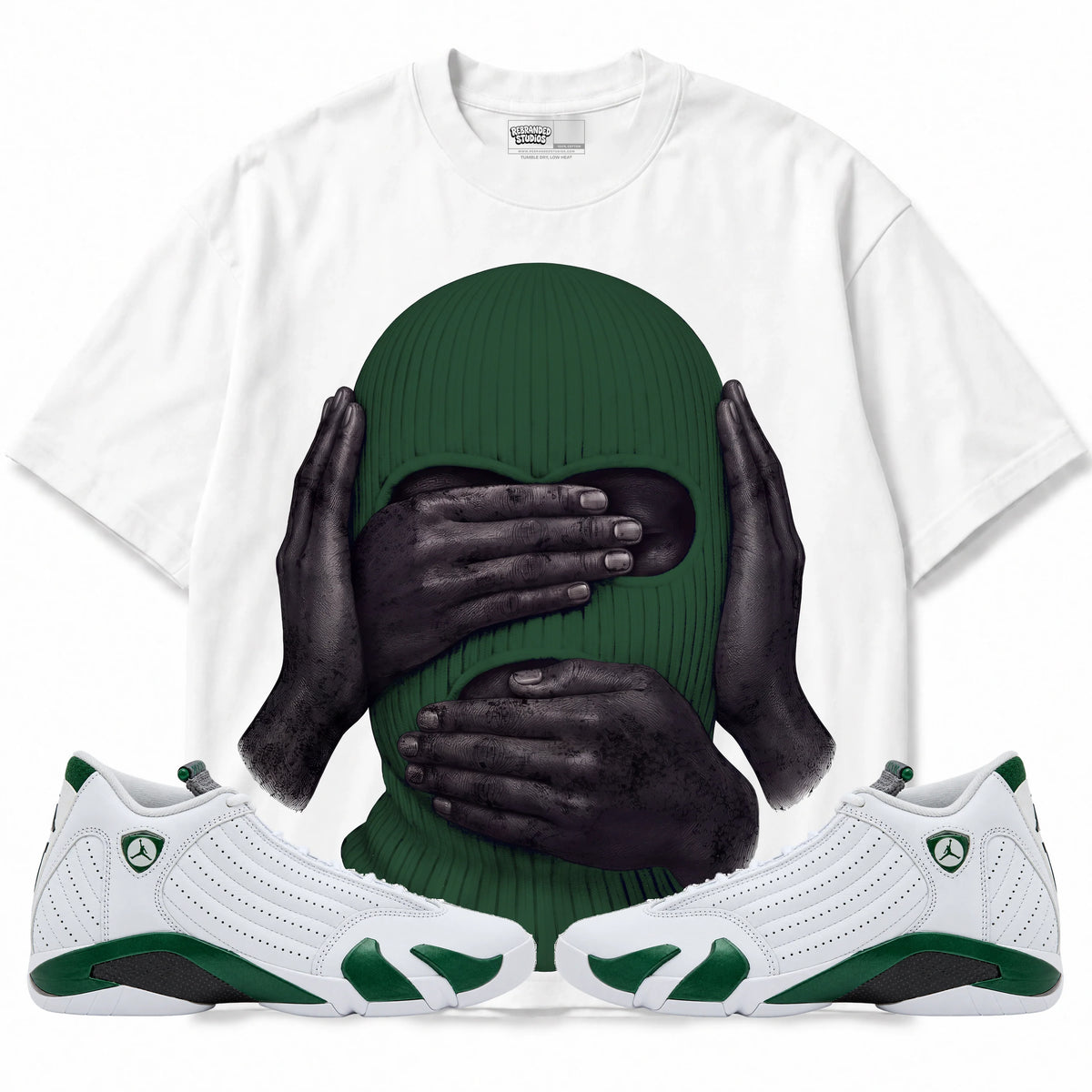 Rebranded Studios See No Evil Speak No Evil Hear No Evil Air Jordan 14 Forest Green 425GSM Oversized Graphic T-Shirt — front with matching Forest Green 14 sneakers