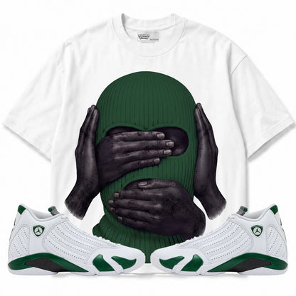 Rebranded Studios See No Evil Speak No Evil Hear No Evil Air Jordan 14 Forest Green 425GSM Oversized Graphic T-Shirt — front with matching Forest Green 14 sneakers