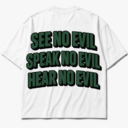 Rebranded Studios See No Evil Speak No Evil Hear No Evil Air Jordan 14 Forest Green 425GSM Oversized Graphic T-Shirt — printed back
