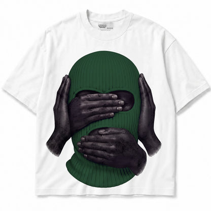 Rebranded Studios See No Evil Speak No Evil Hear No Evil Air Jordan 14 Forest Green 425GSM Oversized Graphic T-Shirt — shirt front