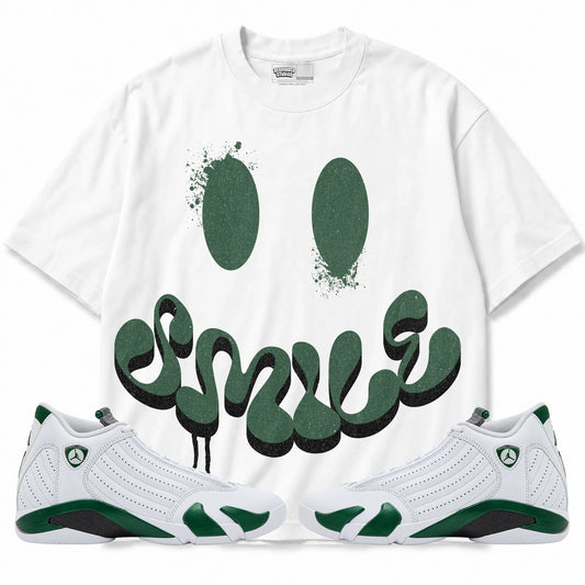 Rebranded Studios Smile Air Jordan 14 Forest Green Graphic T-Shirt — front with matching Forest Green 14 sneakers